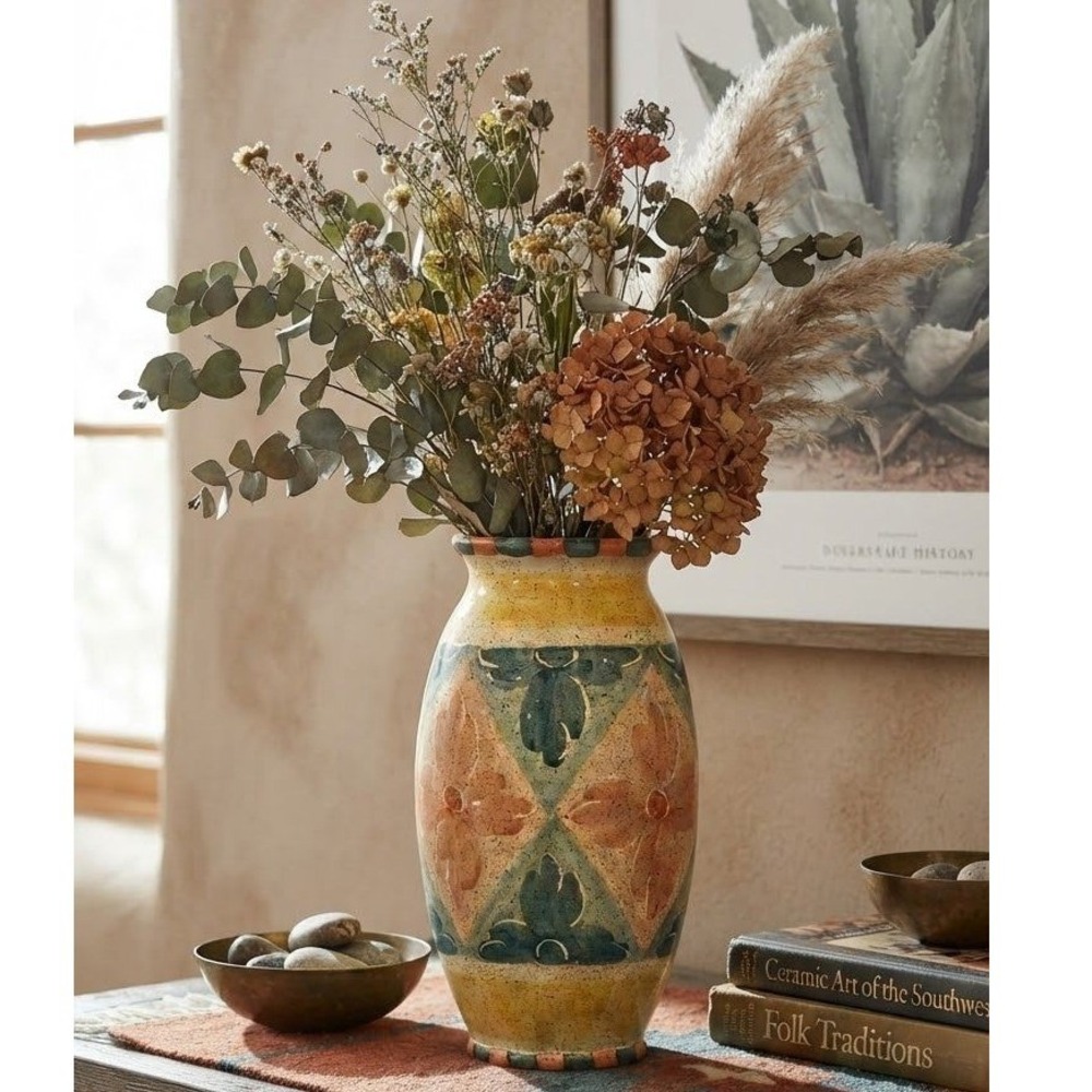 Horchow Italy Hand Painted Ceramic Vase Floral Geometric Art Pottery 14" Tall